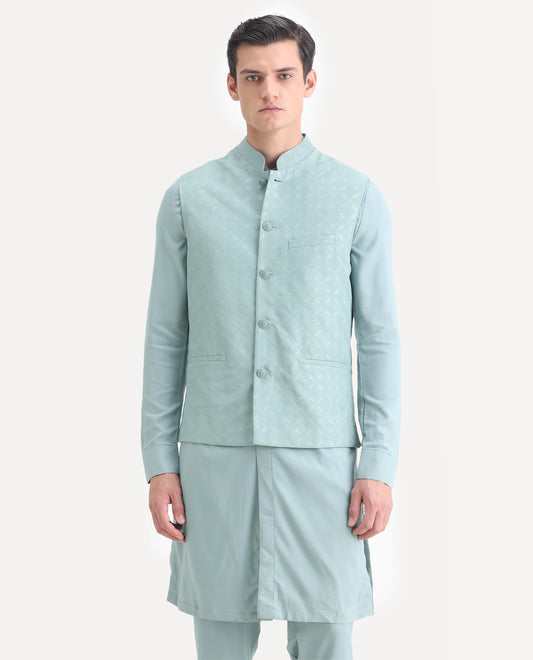 Rare Rabbit Men's Medo Kpb Dusky Green Viscose Embroidered Regular Fit Full Sleeve Mandarin Collar Kurta Suit