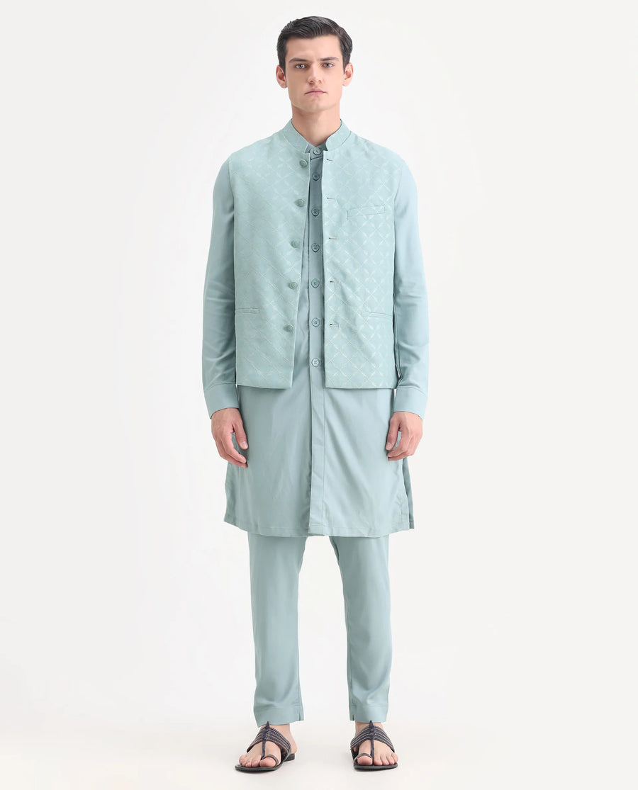 Rare Rabbit Men's Medo Kpb Dusky Green Viscose Embroidered Regular Fit Full Sleeve Mandarin Collar Kurta Suit
