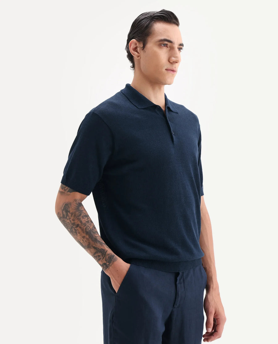 Rare Rabbit Men's Mekko Navy 100% Linen Plain Regular Fit Half Sleeve Polo