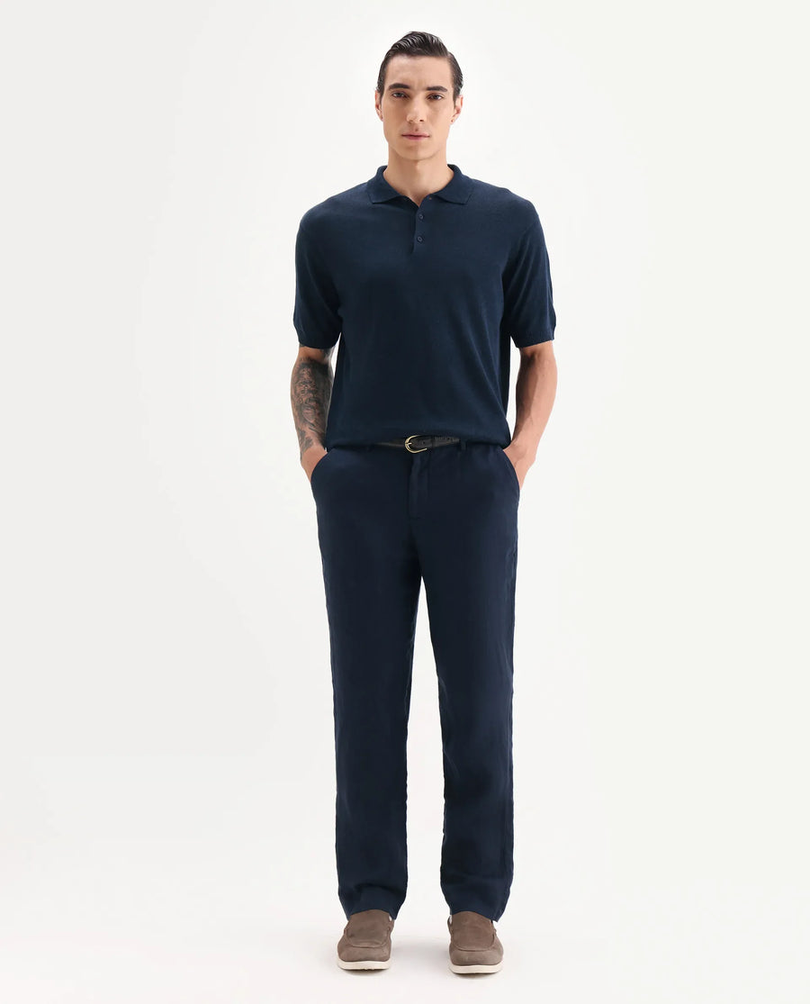 Rare Rabbit Men's Mekko Navy 100% Linen Plain Regular Fit Half Sleeve Polo
