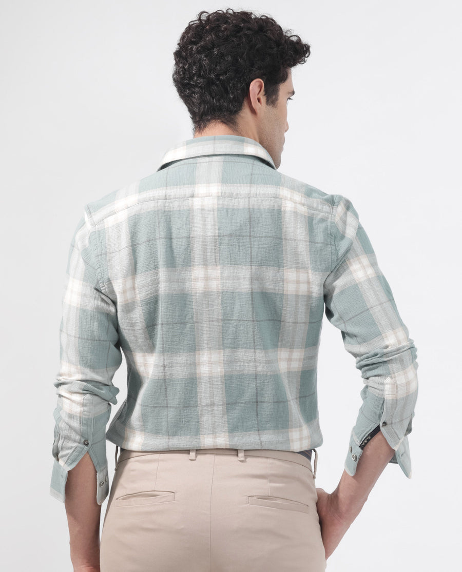 Rare Rabbit Men's Melfi Teal Cotton Checked Print Regular Fit Full Sleeve Collared Shirt