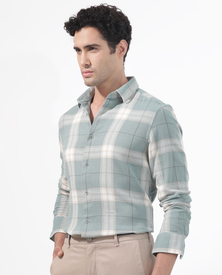 Rare Rabbit Men's Melfi Teal Cotton Checked Print Regular Fit Full Sleeve Collared Shirt