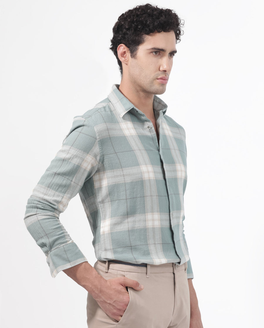Rare Rabbit Men's Melfi Teal Cotton Checked Print Regular Fit Full Sleeve Collared Shirt