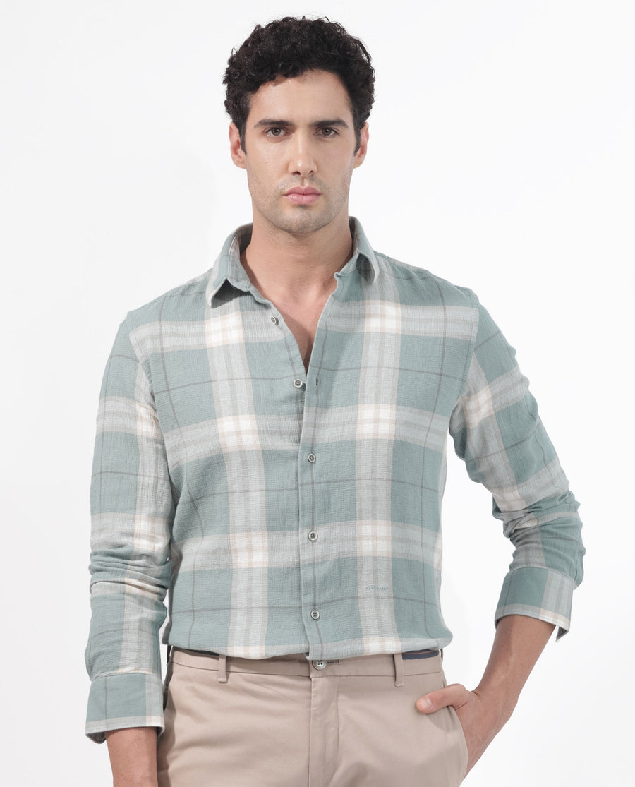 Rare Rabbit Men's Melfi Teal Cotton Checked Print Regular Fit Full Sleeve Collared Shirt