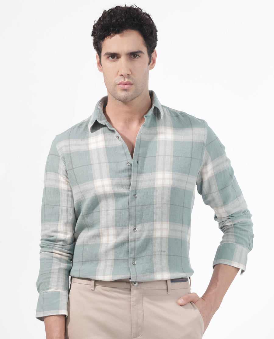 Rare Rabbit Men's Melfi Teal Cotton Checked Print Regular Fit Full Sleeve Collared Shirt