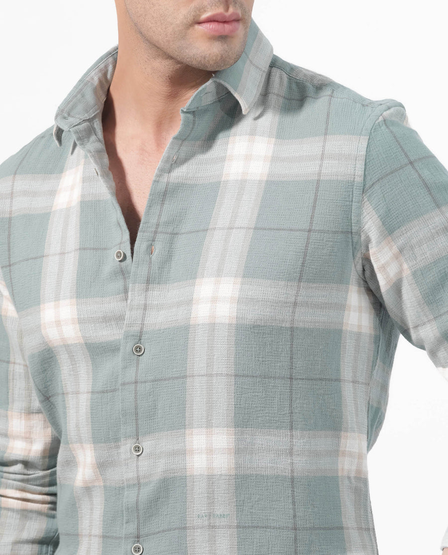 Rare Rabbit Men's Melfi Teal Cotton Checked Print Regular Fit Full Sleeve Collared Shirt