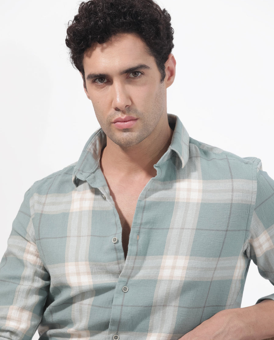 Rare Rabbit Men's Melfi Teal Cotton Checked Print Regular Fit Full Sleeve Collared Shirt