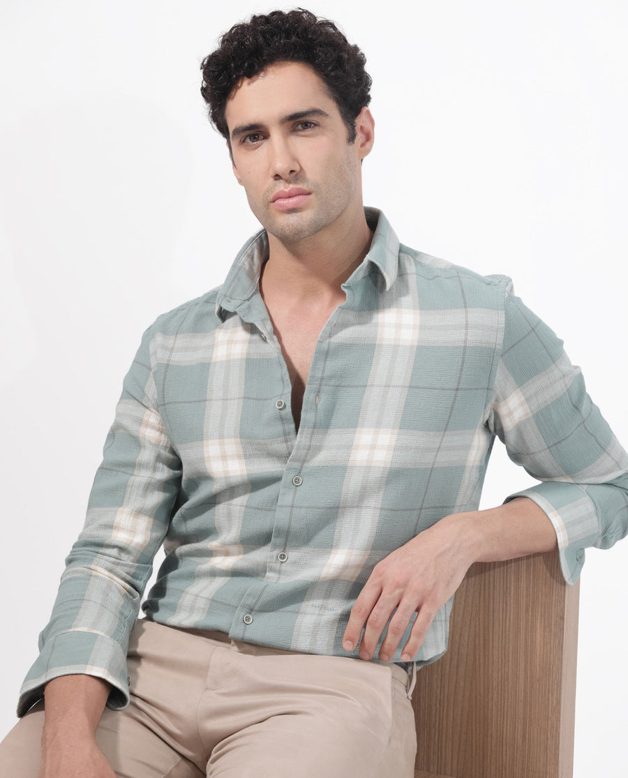 Rare Rabbit Men's Melfi Teal Cotton Checked Print Regular Fit Full Sleeve Collared Shirt