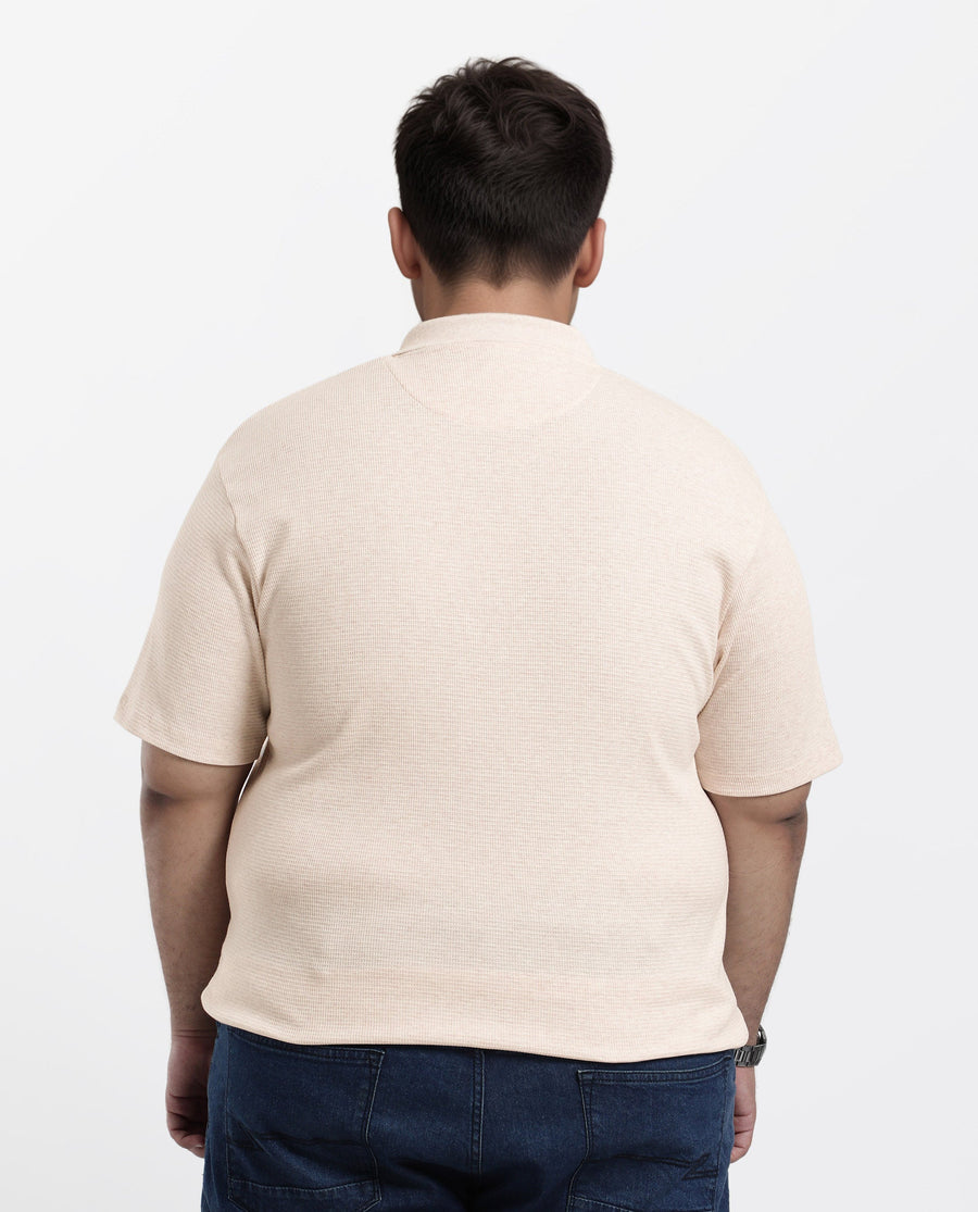 Rare Rabbit Men Mello-Big Beige Cotton Blend Half Sleeve Spread Collar Button Closure Plain Polo Plus Size