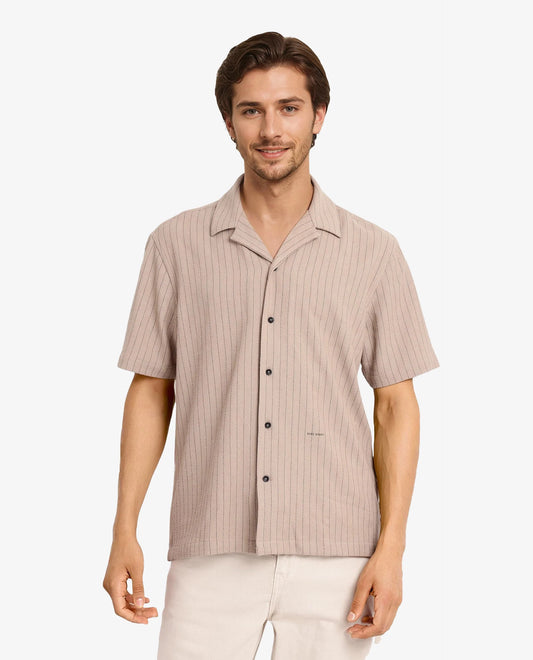 Rare Rabbit Men's Cotton Striped Print Regular Fit Half Sleeve Cuban Collar Shirt