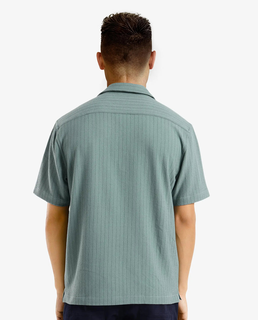 Rare Rabbit Men's Melon Dusky Green Striped Print Boxy Fit Half Sleeve Cuban Collar Shirt