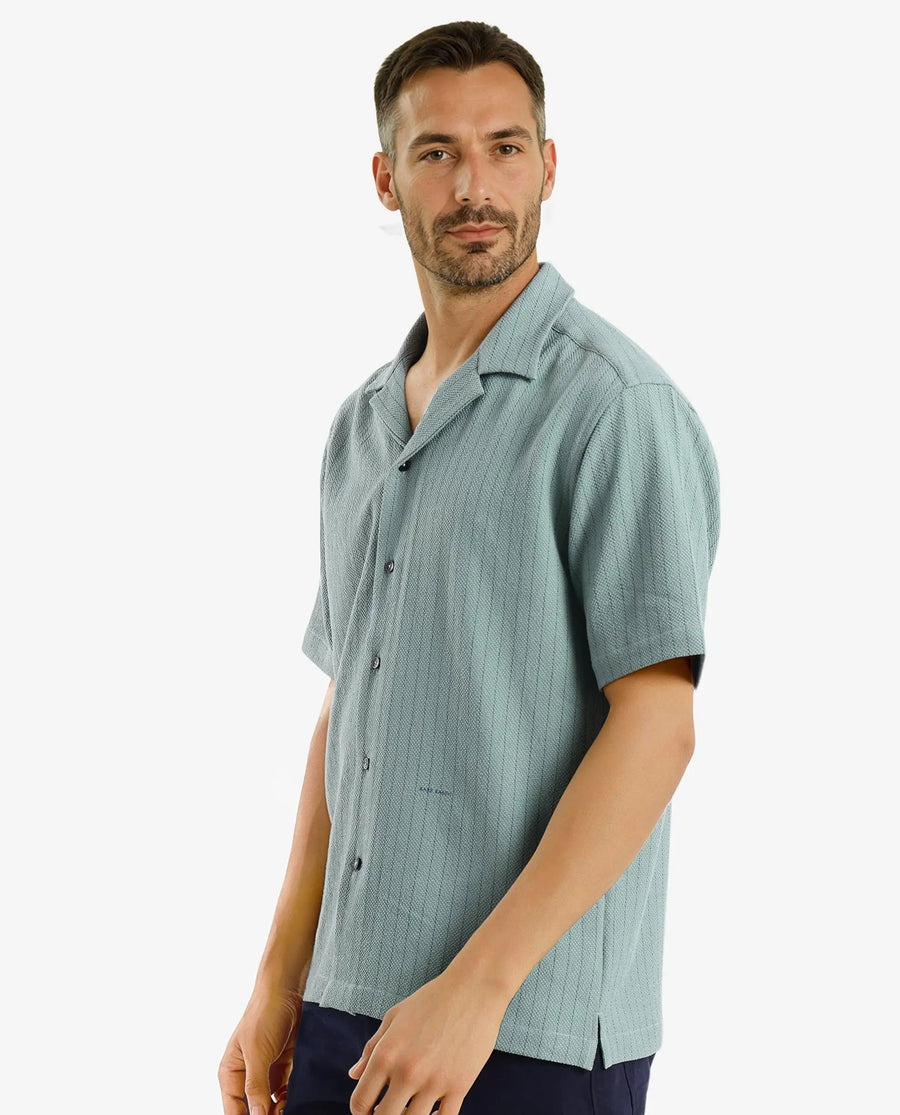 Rare Rabbit Men's Melon Dusky Green Striped Print Boxy Fit Half Sleeve Cuban Collar Shirt
