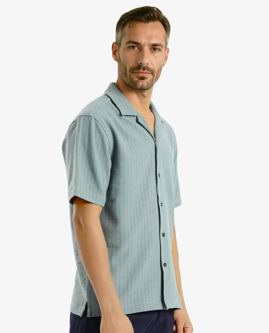 Rare Rabbit Men's Melon Dusky Green Striped Print Boxy Fit Half Sleeve Cuban Collar Shirt