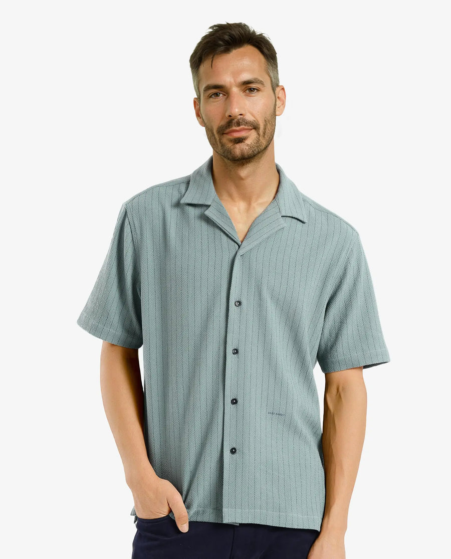 Rare Rabbit Men's Melon Dusky Green Striped Print Boxy Fit Half Sleeve Cuban Collar Shirt