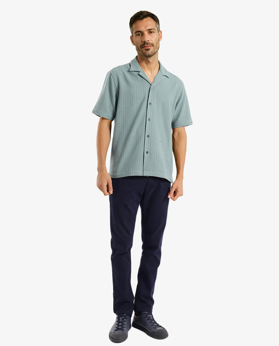 Rare Rabbit Men's Melon Dusky Green Striped Print Boxy Fit Half Sleeve Cuban Collar Shirt