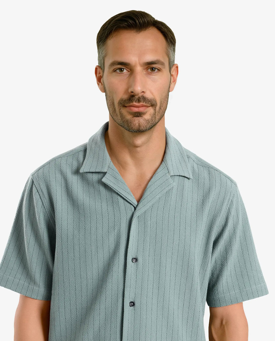 Rare Rabbit Men's Melon Dusky Green Striped Print Boxy Fit Half Sleeve Cuban Collar Shirt