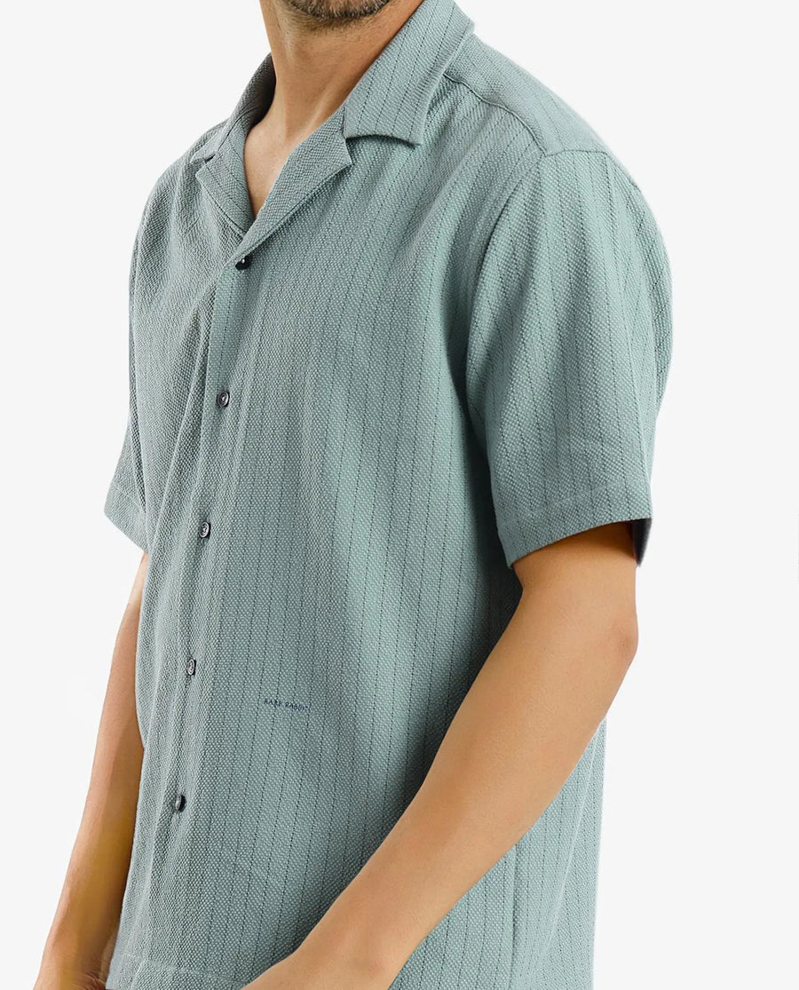 Rare Rabbit Men's Melon Dusky Green Striped Print Boxy Fit Half Sleeve Cuban Collar Shirt