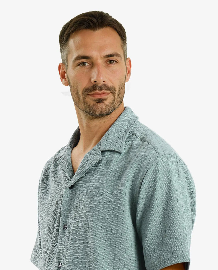 Rare Rabbit Men's Melon Dusky Green Striped Print Boxy Fit Half Sleeve Cuban Collar Shirt