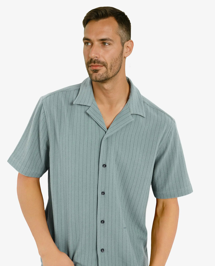 Rare Rabbit Men's Melon Dusky Green Striped Print Boxy Fit Half Sleeve Cuban Collar Shirt