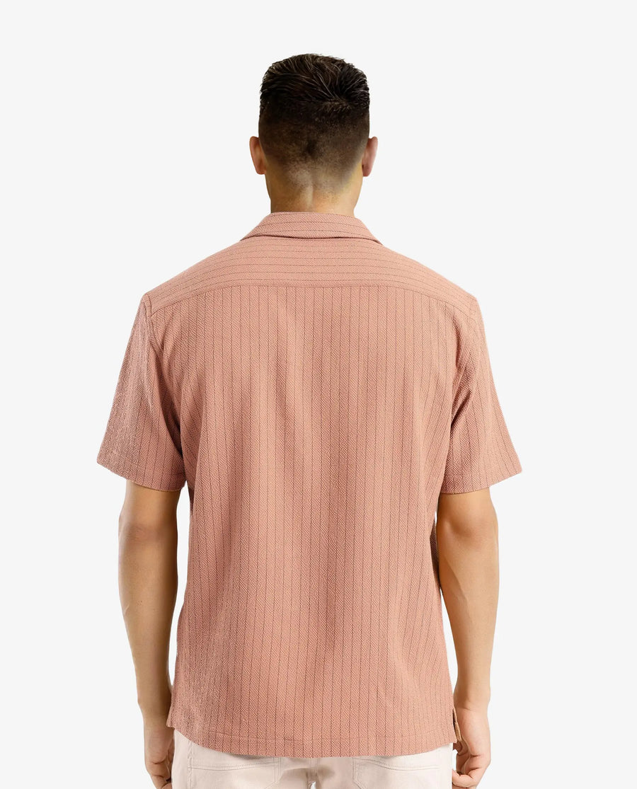 Rare Rabbit Men's Melon Dusky Orange Polyester Blend Plain Boxy Fit Half Sleeve Cuban Collar Shirt