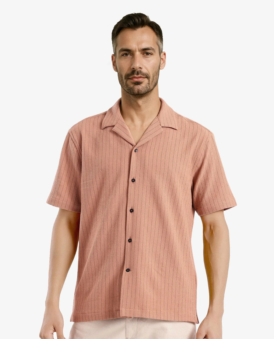 Rare Rabbit Men's Melon Dusky Orange Polyester Blend Plain Boxy Fit Half Sleeve Cuban Collar Shirt