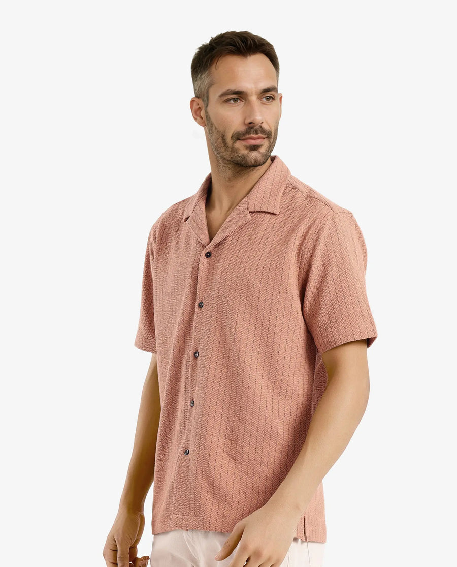 Rare Rabbit Men's Melon Dusky Orange Polyester Blend Plain Boxy Fit Half Sleeve Cuban Collar Shirt