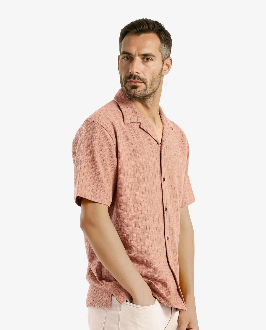 Rare Rabbit Men's Melon Dusky Orange Polyester Blend Plain Boxy Fit Half Sleeve Cuban Collar Shirt
