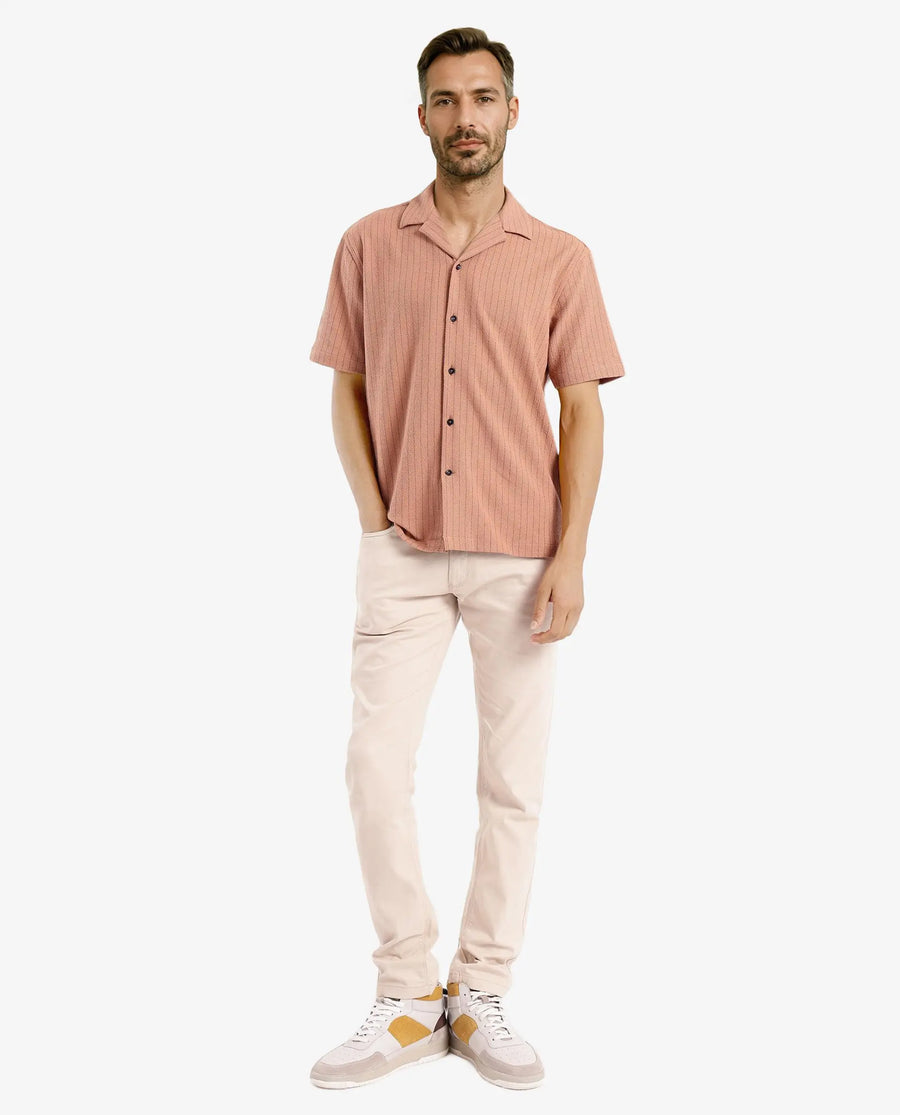 Rare Rabbit Men's Melon Dusky Orange Polyester Blend Plain Boxy Fit Half Sleeve Cuban Collar Shirt