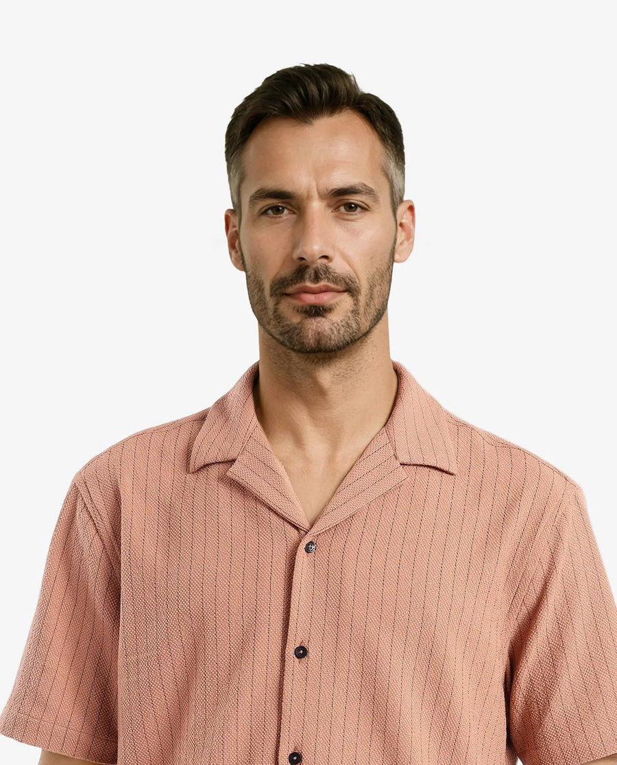 Rare Rabbit Men's Melon Dusky Orange Polyester Blend Plain Boxy Fit Half Sleeve Cuban Collar Shirt