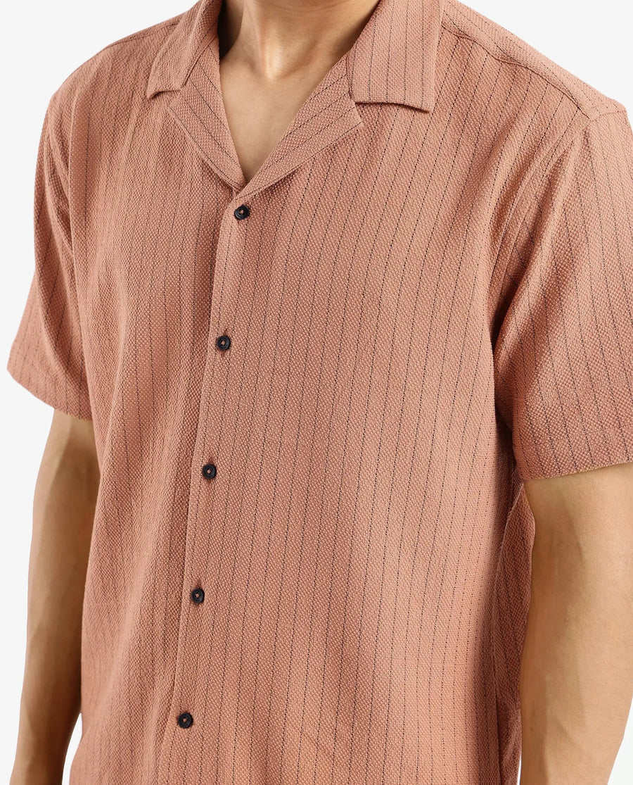Rare Rabbit Men's Melon Dusky Orange Polyester Blend Plain Boxy Fit Half Sleeve Cuban Collar Shirt