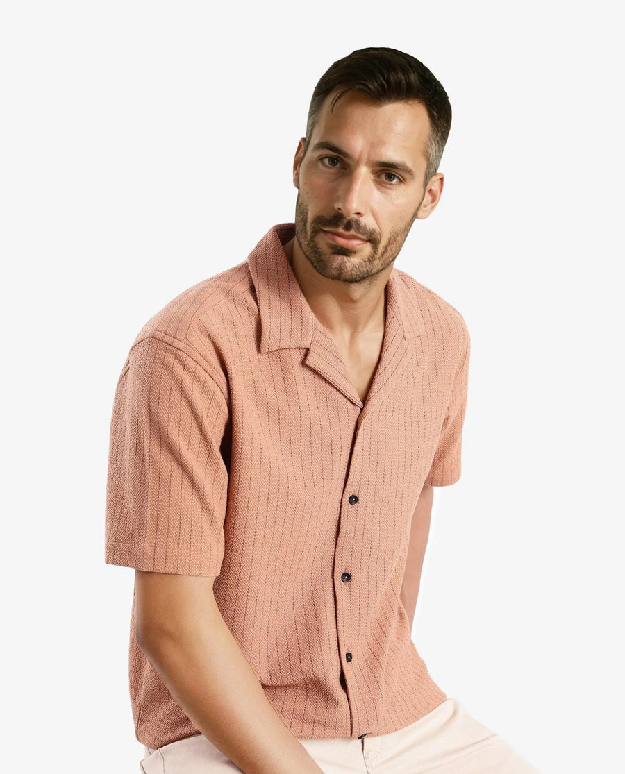 Rare Rabbit Men's Melon Dusky Orange Polyester Blend Plain Boxy Fit Half Sleeve Cuban Collar Shirt