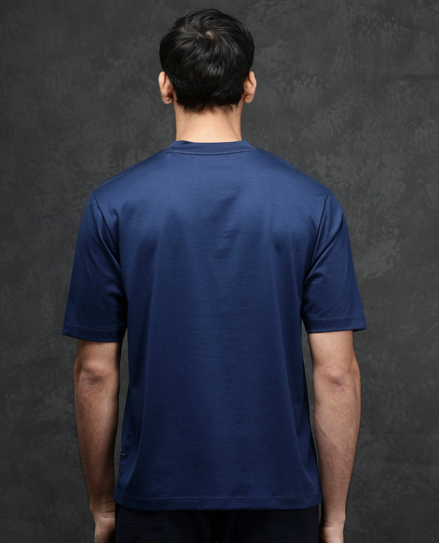 Rare Rabbit Men's Melor Dark Blue Cotton Blend Graphic Print Oversized Fit Half Sleeve Crew Neck T-Shirt