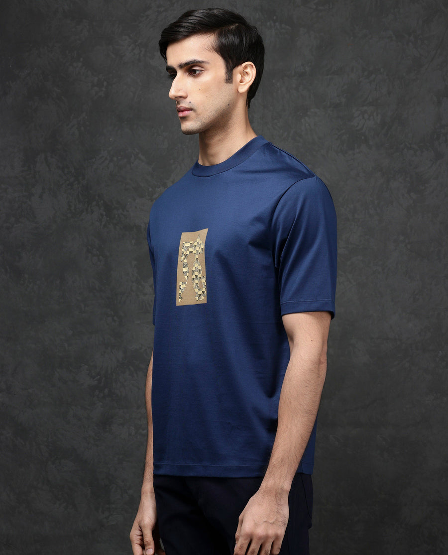 Rare Rabbit Men's Melor Dark Blue Cotton Blend Graphic Print Oversized Fit Half Sleeve Crew Neck T-Shirt