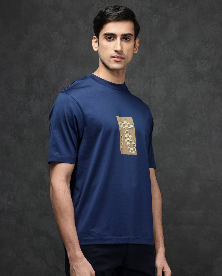 Rare Rabbit Men's Melor Dark Blue Cotton Blend Graphic Print Oversized Fit Half Sleeve Crew Neck T-Shirt