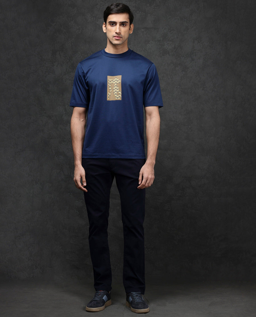 Rare Rabbit Men's Melor Dark Blue Cotton Blend Graphic Print Oversized Fit Half Sleeve Crew Neck T-Shirt
