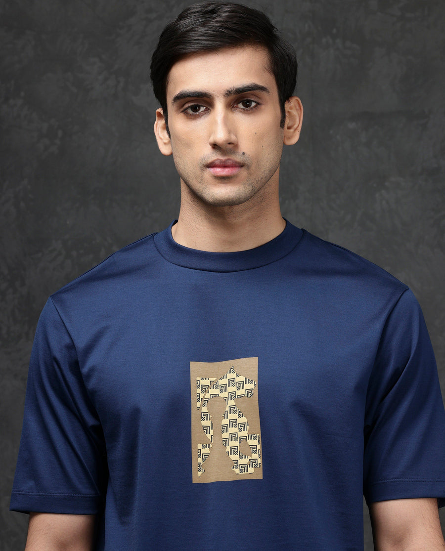 Rare Rabbit Men's Melor Dark Blue Cotton Blend Graphic Print Oversized Fit Half Sleeve Crew Neck T-Shirt