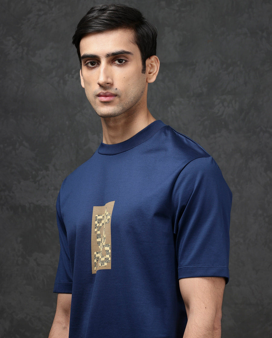 Rare Rabbit Men's Melor Dark Blue Cotton Blend Graphic Print Oversized Fit Half Sleeve Crew Neck T-Shirt