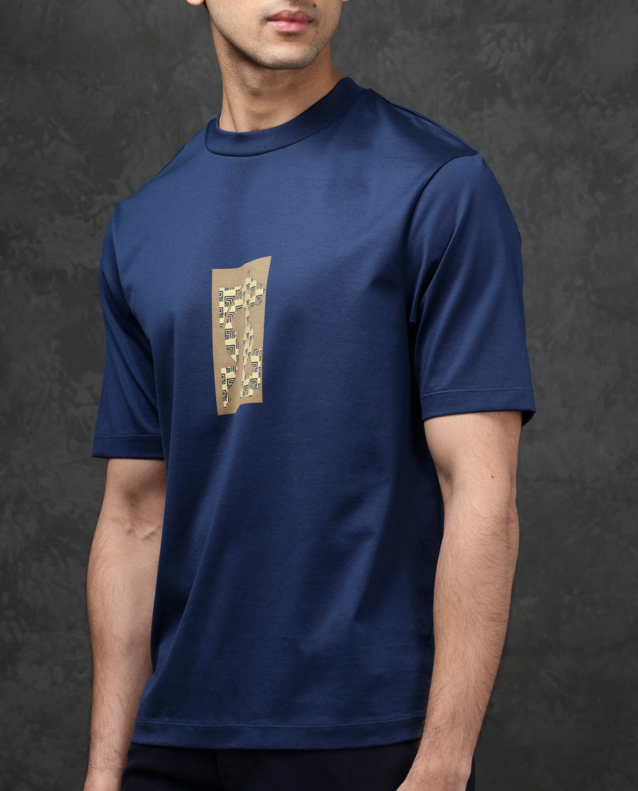 Rare Rabbit Men's Melor Dark Blue Cotton Blend Graphic Print Oversized Fit Half Sleeve Crew Neck T-Shirt