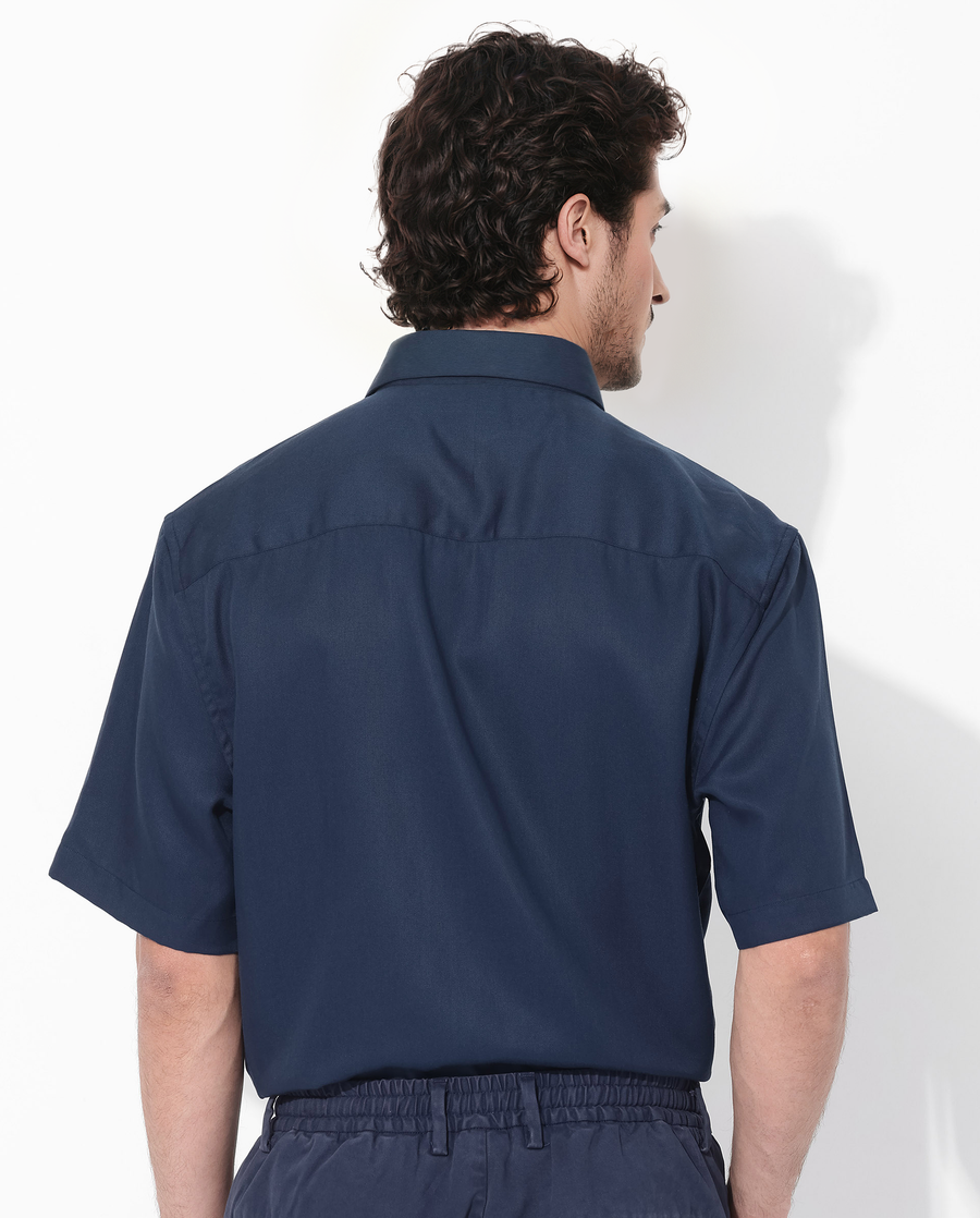 Rare Rabbit Men's Memo Ss Navy Tencel Plain Boxy Fit Half Sleeve Collared Shirt