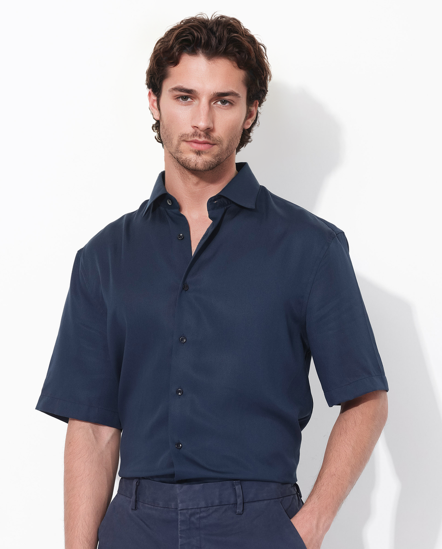 Rare Rabbit Men's Memo Ss Navy Tencel Plain Boxy Fit Half Sleeve Collared Shirt