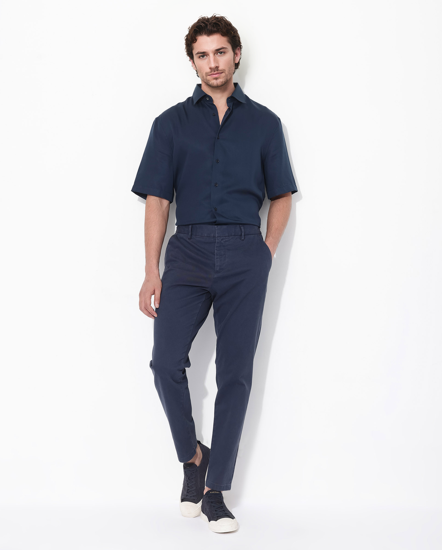 Rare Rabbit Men's Memo Ss Navy Tencel Plain Boxy Fit Half Sleeve Collared Shirt