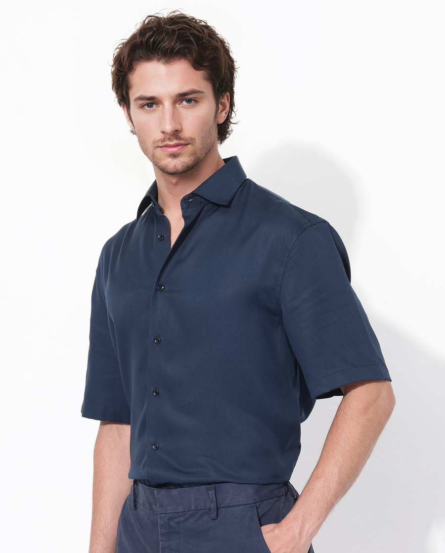 Rare Rabbit Men's Memo Ss Navy Tencel Plain Boxy Fit Half Sleeve Collared Shirt