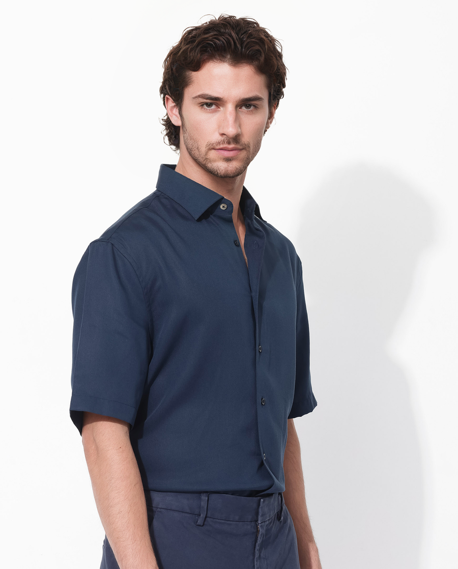 Rare Rabbit Men's Memo Ss Navy Tencel Plain Boxy Fit Half Sleeve Collared Shirt