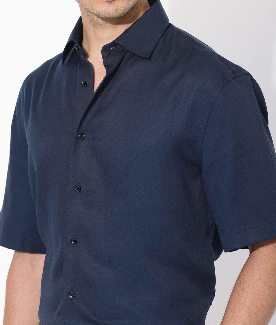 Rare Rabbit Men's Memo Ss Navy Tencel Plain Boxy Fit Half Sleeve Collared Shirt