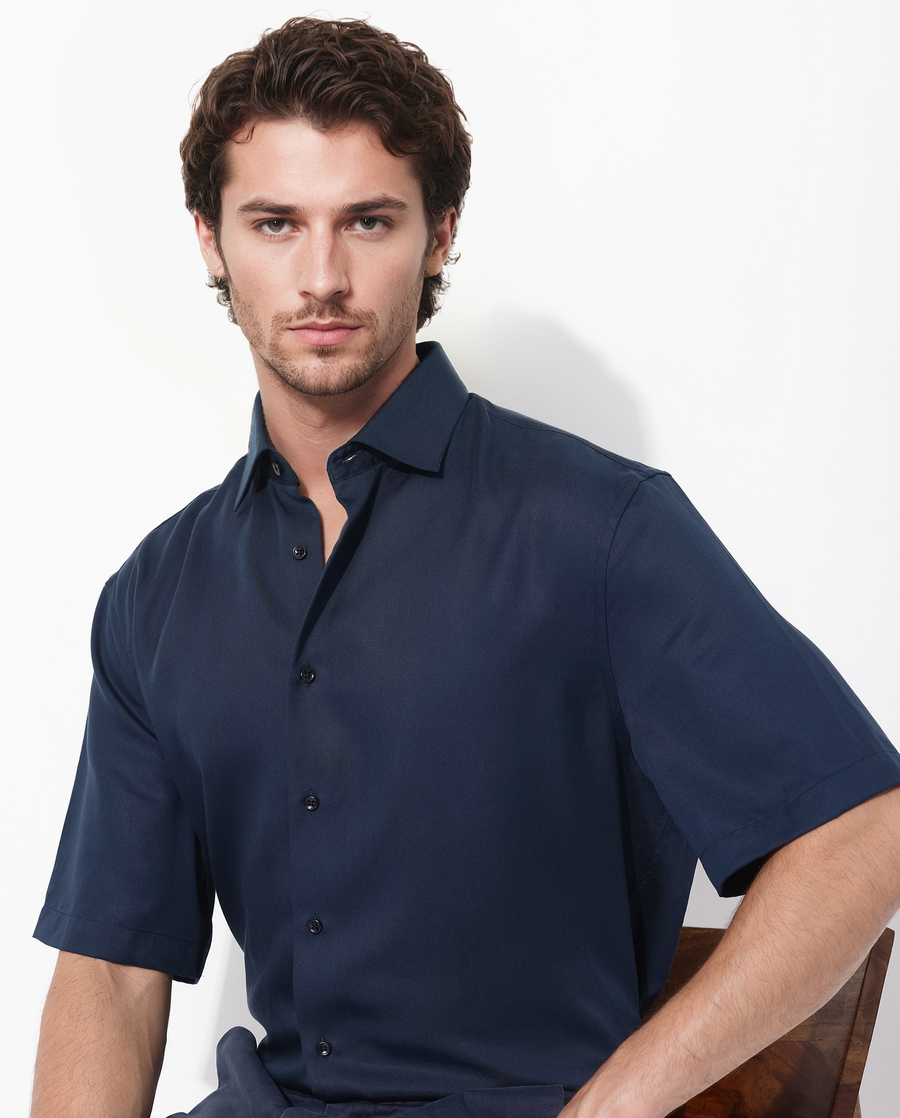 Rare Rabbit Men's Memo Ss Navy Tencel Plain Boxy Fit Half Sleeve Collared Shirt