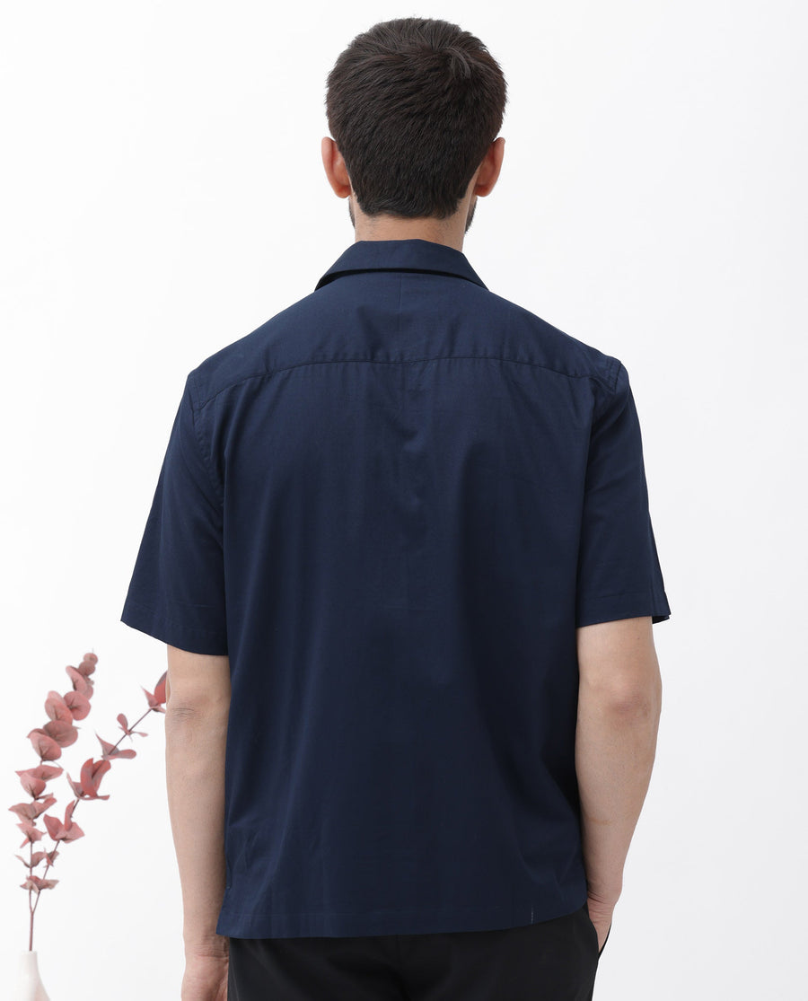Rare Rabbit Men's Memop Ss Navy Tencel Plain Boxy Fit Half Sleeve Cuban Collar Shirt