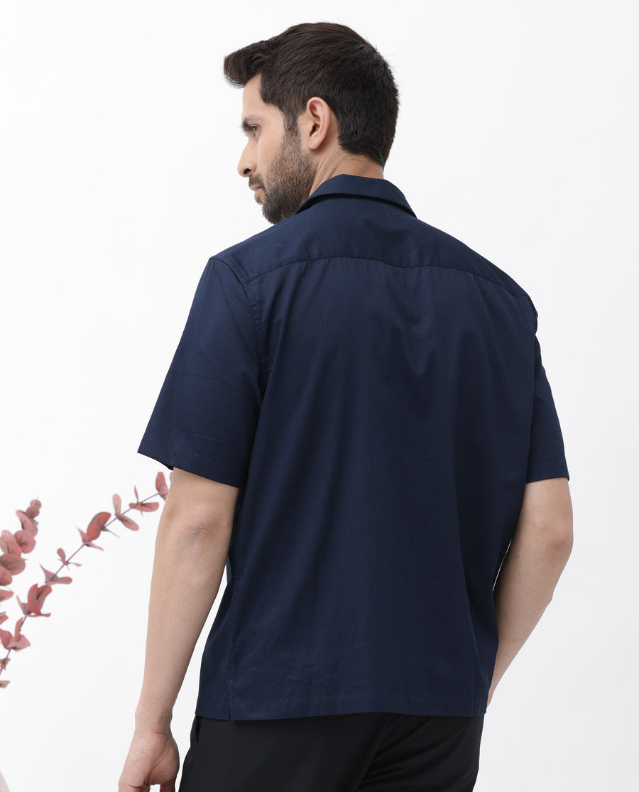 Rare Rabbit Men's Memop Ss Navy Tencel Plain Boxy Fit Half Sleeve Cuban Collar Shirt