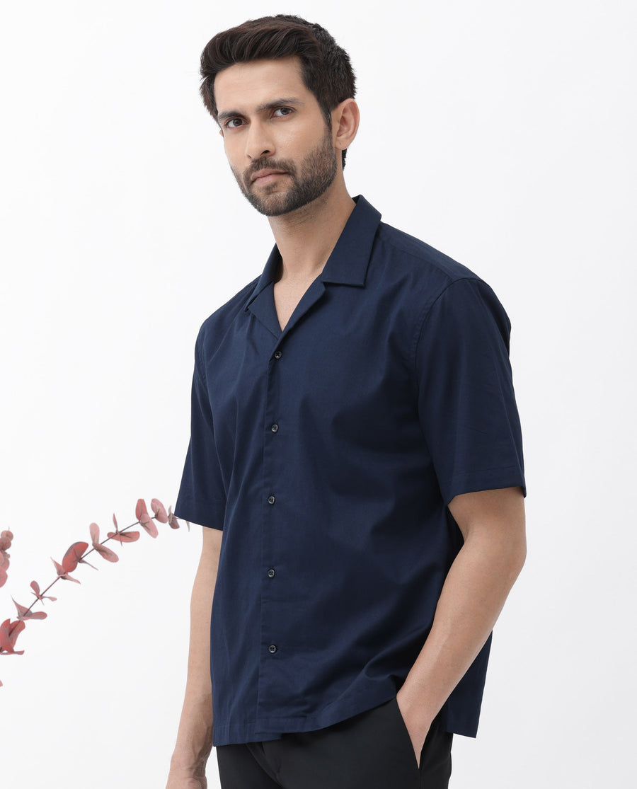 Rare Rabbit Men's Memop Ss Navy Tencel Plain Boxy Fit Half Sleeve Cuban Collar Shirt