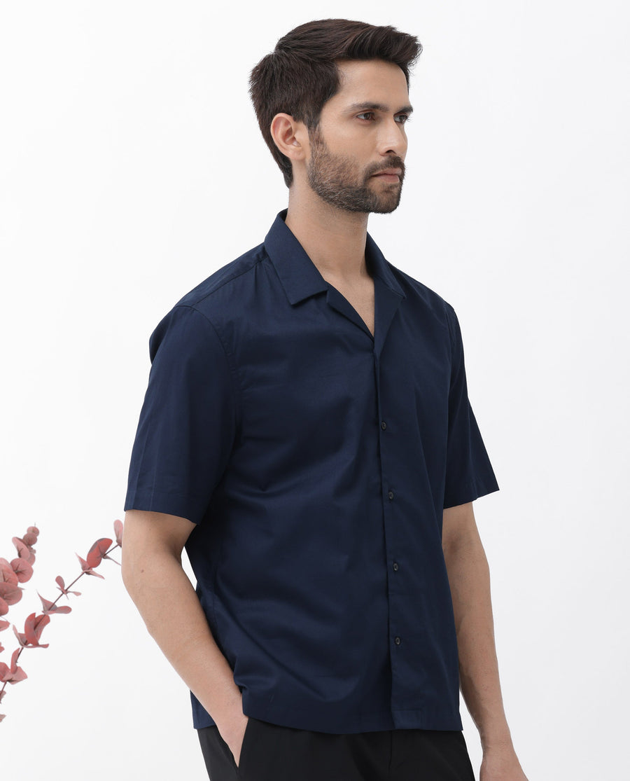Rare Rabbit Men's Memop Ss Navy Tencel Plain Boxy Fit Half Sleeve Cuban Collar Shirt