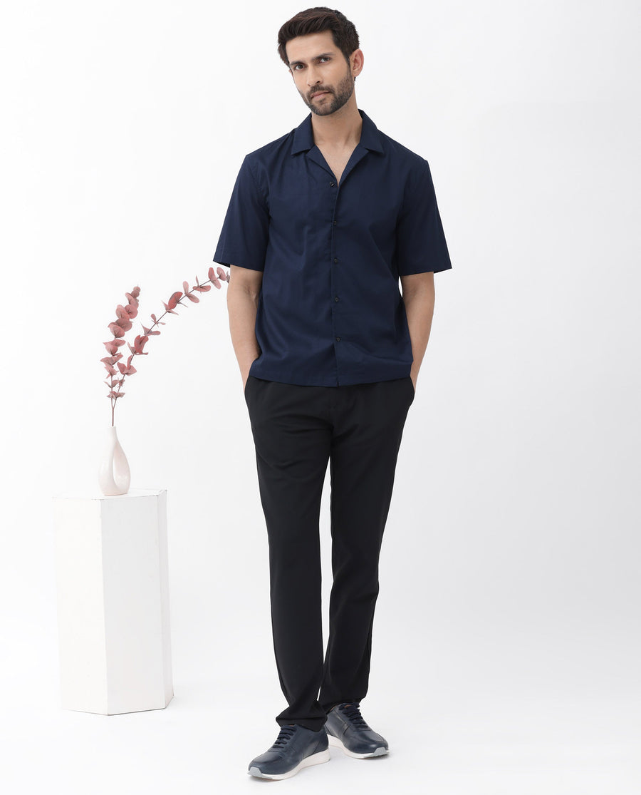 Rare Rabbit Men's Memop Ss Navy Tencel Plain Boxy Fit Half Sleeve Cuban Collar Shirt